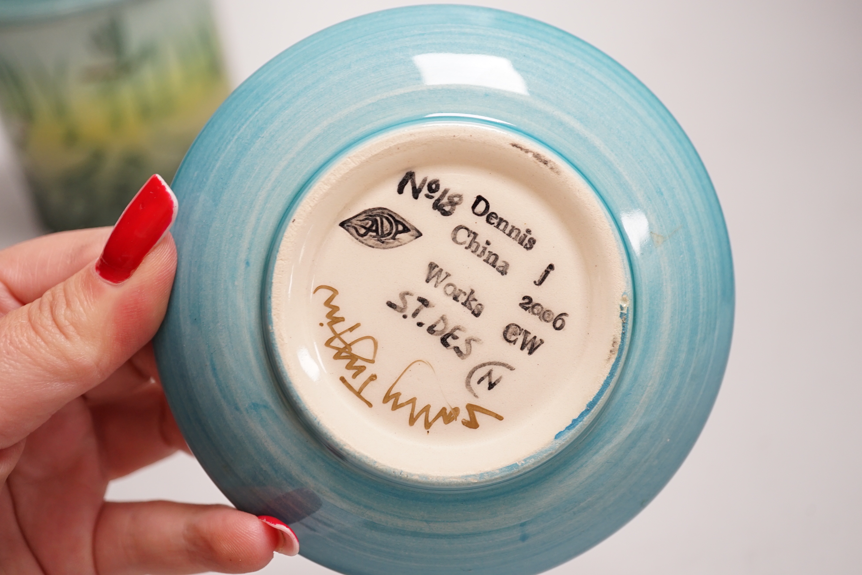 A Sally Tuffin for Dennis China Works 2003 ‘kingfisher’ lidded jar and similar 2006 pin dish, tallest 15cm